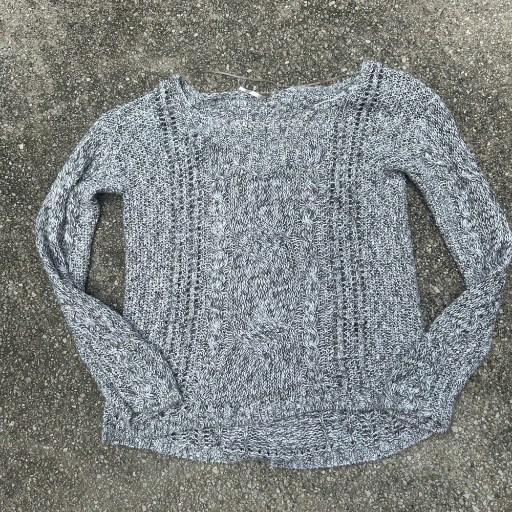 Free People Gray White Marled Cable Knit Pointelle Sweater Large